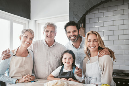 Cooking, help and portrait of big family in kitchen for happy, learning and food together. Support,...