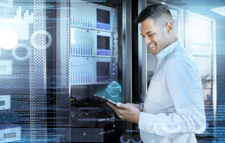 Server, tablet and digital with a man engineer working with hologram technology for programming or...