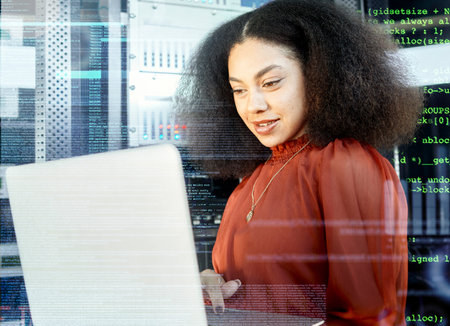 Data overlay, black woman with laptop in server room and future of digital software in cloud...