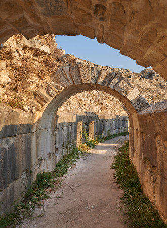 Miletus ancient city amphitheater, Turkey. Photo from Miletus. Miletus was an ancient Greek city on the western coast of Anatolia, near the mouth of the Maeander River in ancient Caria.の写真素材