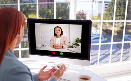 Video call, computer and business woman in office, video conference or remote meeting. Business...