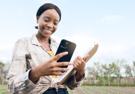 Agriculture, farm and woman with phone, clipboard and digital notes of ecology research or eco...