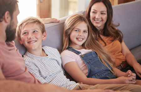 Relax, happy and smile with family on sofa for quality time, bonding and affectionate together....