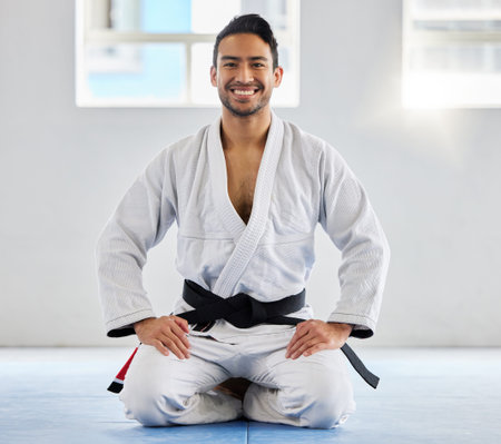 Karate, fitness and athlete, man with black belt and martial arts portrait, training and discipline...