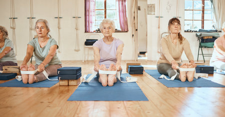 Yoga, exercise and senior women for balance, peace and wellness in a zen health studio together. Fitness, retirement and elderly friends doing a pilates workout for mind, body and spiritual wellness.の写真素材