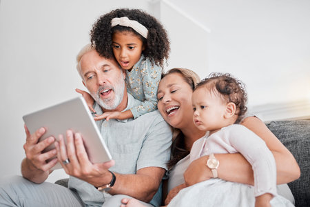 Family selfie, tablet and social media, picture and happy smile with grandparents and girl children...