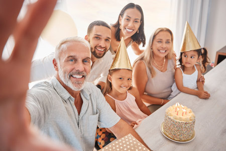 Birthday selfie, portrait family and cake with grandparents, children and parents in living room in...