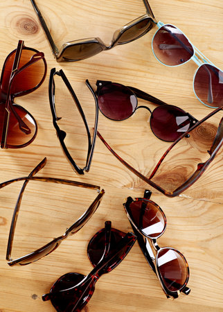 Sunglasses on display. a collection of sunglasses on a table top.の写真素材