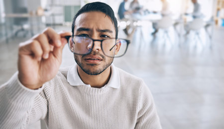 Business, vision and man with glasses to focus, improve eyesight and see in corporate workplace....