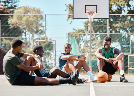 Basketball court, friends and men, break and team sports, social conversation and relax in community...