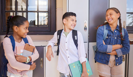 School, education and children, students or friends excited for class, learning and knowledge with books and backpack together. Youth, back to school and diversity kids outdoor for group project talkの写真素材