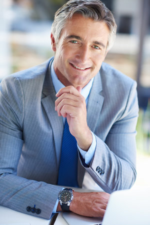 Make success your own. Portrait of a confident-looking mature businessman working on a laptop.の写真素材