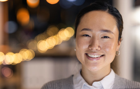 Face, chinese woman and skincare in city for beauty portrait, cosmetics makeup and natural skin glow. Happy, facial wellness and asian model smile for luxury health in building or city backgroundの写真素材