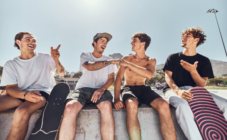 Young men, skater and skateboard, relax outdoor in skate park, urban and skateboarder friends in city. Friendship, extreme sport and fitness, trendy and youth talking while skating together.の写真素材