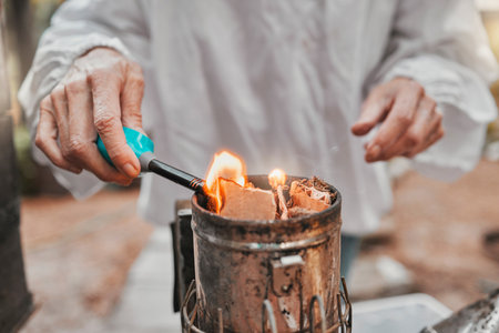 Hands, fire and beekeeping with a woman farmer using a smoker in the production of honey in the countryside. Agriculture, farm and sustainability with a female beekeeper working with a fogging toolの写真素材