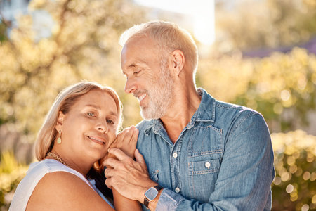 Love, nature and old couple holding hands on vacation outdoors on a calm or peaceful in summer....