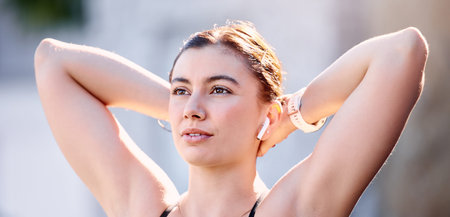 City fitness, break and woman face, stretching and goals, relax and healthy outdoor exercise, sports...