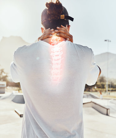 Spine injury, neck pain and back of man in city, street or outdoors after accident or fall....
