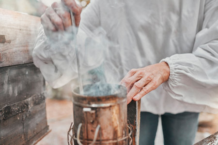 Hands, smoker fire and beekeeper on farm mix and refueling with tool. Safety, beekeeping and worker in suit preparing smoking pot or equipment to calm or relax bees, beehive or bugs for honey harvestの写真素材