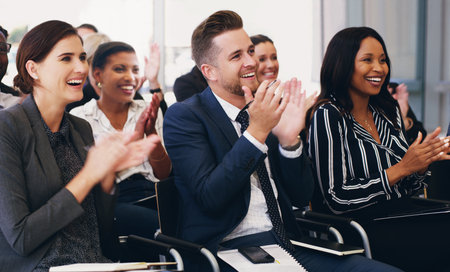 Business people, applause and conference audience, crowd and tradeshow workshop, training and motivation for presentation. Happy corporate team, clapping hands and success, goals and support meetingの写真素材