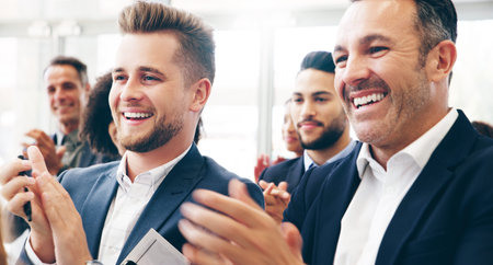 Group, business people and applause at conference, happy or listen for marketing strategy, seminar...