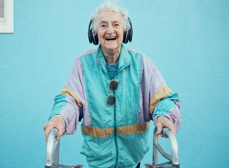 Portrait, hip hop and old woman streaming music, radio or audio with freedom in a cool jacket and...