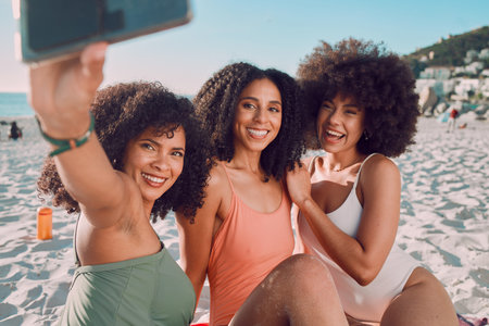 Summer, beach and friends taking a selfie with phone enjoy holiday, vacation and weekend getaway....