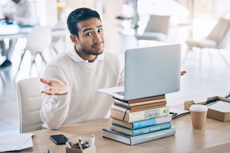 Confused, laptop and multitask with a business man shrugging his shoulders while working in the...