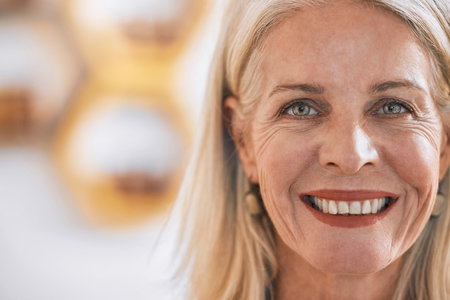 Senior, business woman and face portrait of a manager happy about company vision and mockup. Office leader, smile and elderly mentor smile about corporate boss success, management and leadershipの写真素材