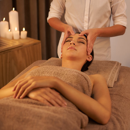 Healing hands. A beautiful young woman enjoying a massage at the spa.の写真素材