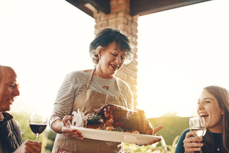 Woman, roasted chicken, turkey and food outdoor at dinner table, thanksgiving cooking and family lunch, meal and social gathering together. Happy lady hosting celebration, meat plate and party feastの写真素材