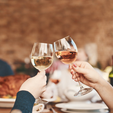 Hands, wine glass and toast with wine at party, holiday celebration and couple drinking. Dinner party, celebrate together with food, drink and celebrating Christmas, Thanksgiving or anniversary.の写真素材