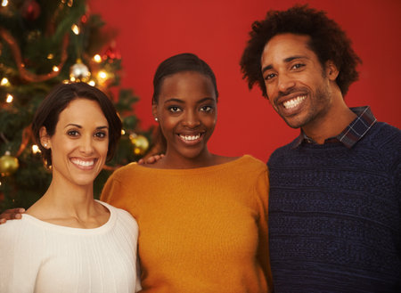 Friends are like family. Portrait of a group of young friends celebrating Christmas together.の写真素材