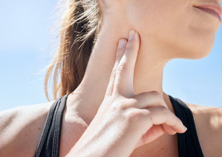 Heart rate, woman and fitness hand check after exercise, workout and sports training in nature. Person monitor body, performance and athlete health progress after wellness run and sport outdoorの写真素材