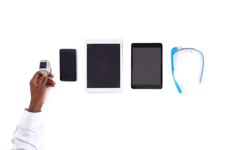 Tools of the trade. a hand holding a digital tablet.