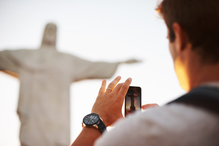 Capturing Christ the Redeemer. the Christ the Redeemer monument in Rio de Janeiro, Brazil.の写真素材