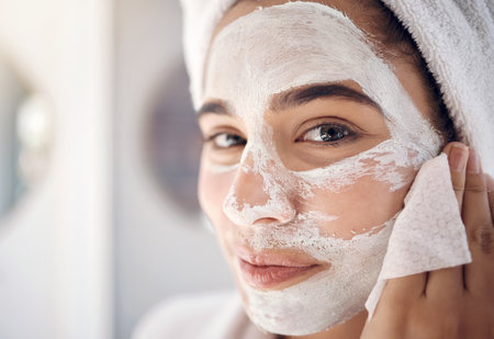 Beauty, facial and face mask on woman doing spa treatment at home with skincare, cosmetics and dermatology product. Portrait of female doing self care cleaning skin for health and wellness in houseの写真素材
