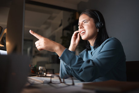Confused, call center and business woman at night for global virtual IT, technology support or...