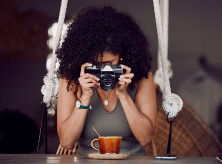 Woman influencer, camera photography and coffee shop, cappuccino and blog post, website and content...