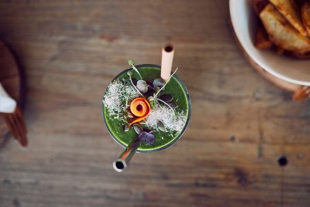 Top view, fruit smoothie or green juice as healthy breakfast diet, weight loss or protein milkshake...
