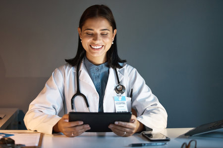 Digital tablet, woman and doctor doing research for medical innovation, medicine or science. Technology, professional and healthcare worker analyzing test results on a mobile device at the clinic.の写真素材