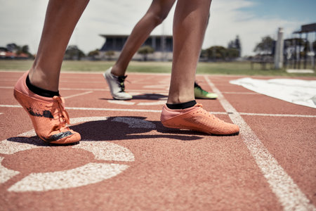 Feet, athlete and sports race at stadium for marathon or sprint competition with people ready to start running and training at line. Shoes of man and woman for sport, cardio and run for speed outdoorの写真素材