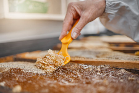 Hands, honey frame and harvest tools, bee farming and beeswax, factory and production. Honey...