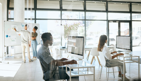 Business people, diversity or computer in modern office, digital marketing company or advertising...