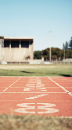 Empty stadium, sports and race track with numbers for start position in athletics, marathon or competition. Ground, arena and event field for running, sprint or cardio exercise, workout or training.の写真素材