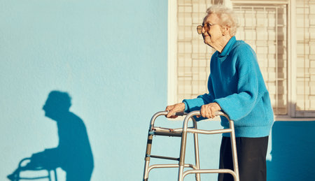 Senior, walker and woman in a city with a disability, osteoporosis or arthritis walking with wall...