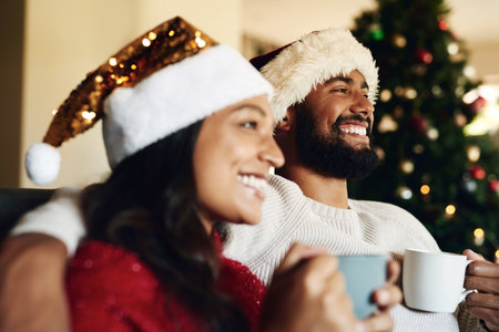 Christmas, couple on couch and hot chocolate with smile or happiness to relax, festive season and at home together in living room. Xmas, love and man with woman, eggnog or loving together for bondingの写真素材