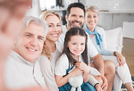 Big family, happy and selfie on home sofa with grandparents, parents and child together. Relax,...