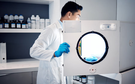 Man, scientist and laboratory autoclave equipment for medicine temperature control, medical research...