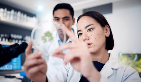 Science, doctors and petri dish for plant research in laboratory. Botanist, plants and teamwork of...